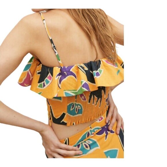 Zara Yellow Floral Print‎ Adjustable Strap Ruffled Bust Cropped Top Tropical M - Picture 3 of 13